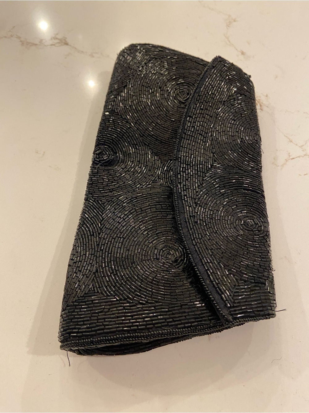 Vintage 1960s Black Micro-Beaded Clutch Bag Satin Lined 9”